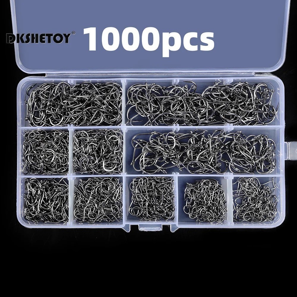 100-1000Pcs Fish Hooks 10 Sizes Fishing Black Silver Sharpened With Box kit