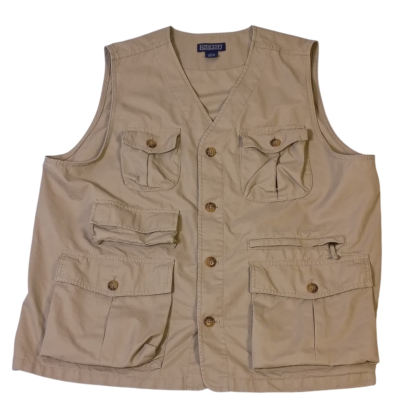 Lands End Mens Utility Fishing Vest Tan Khaki Cotton Cargo Pockets Large Outdoor