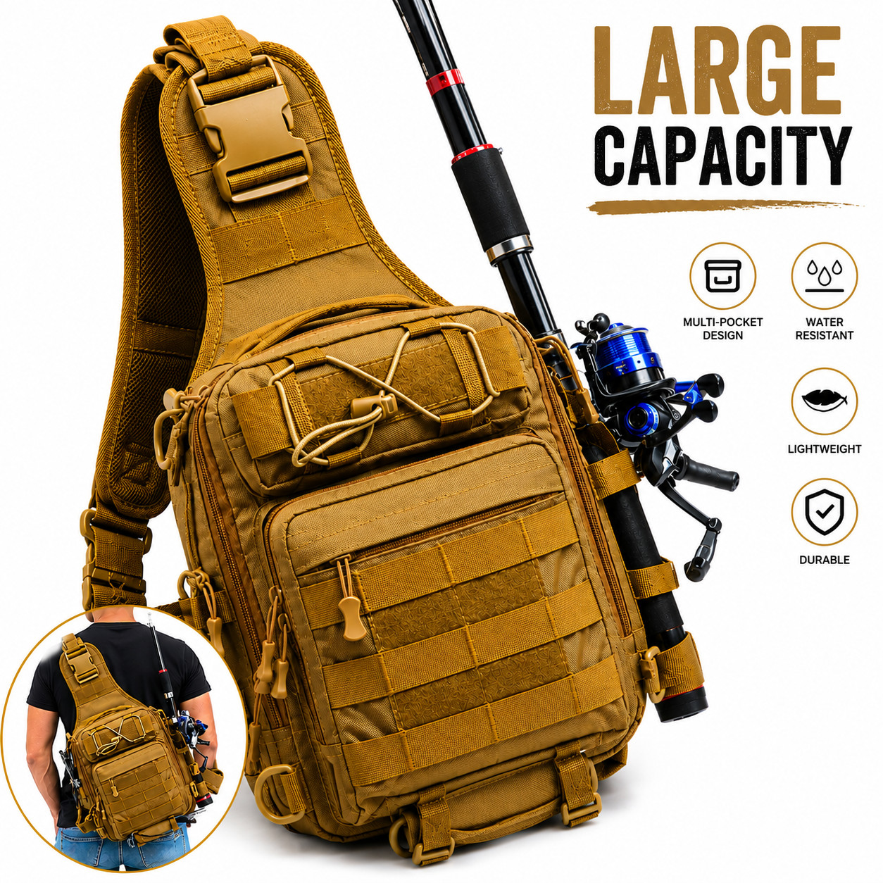 Compact Fishing Tackle Bag, Fishing Bag with Tackle Box and Rod Holder Outdoor