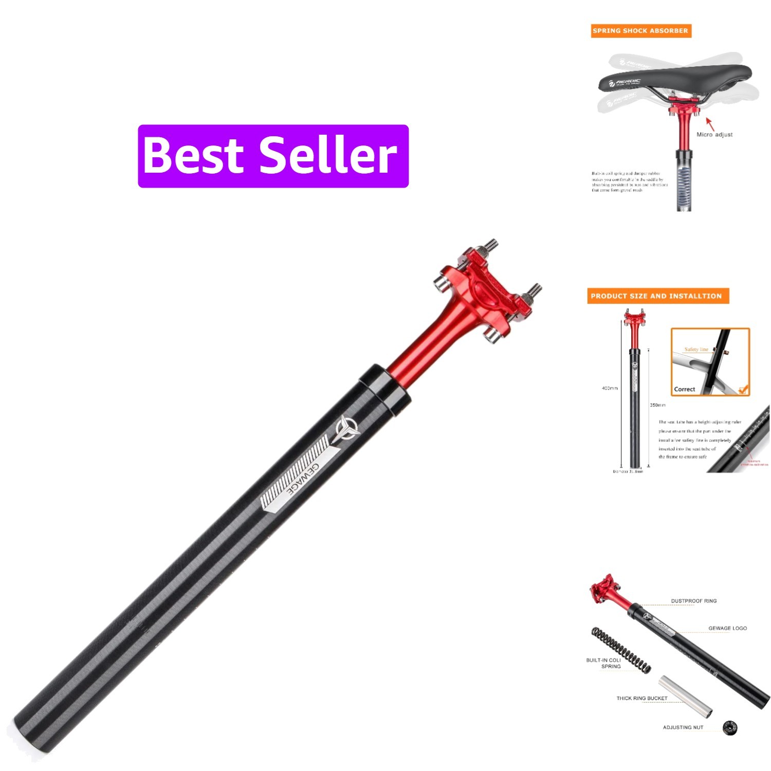 Suspension Seatpost for Bicycles - 27.2/30.9/31.6 X 400mm Shock Absorbing Bik...
