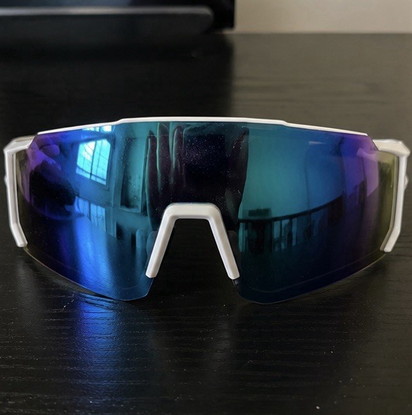 Shield Wraparound Cycling Sunglasses Mirrored Blue Lens White Frame UV400