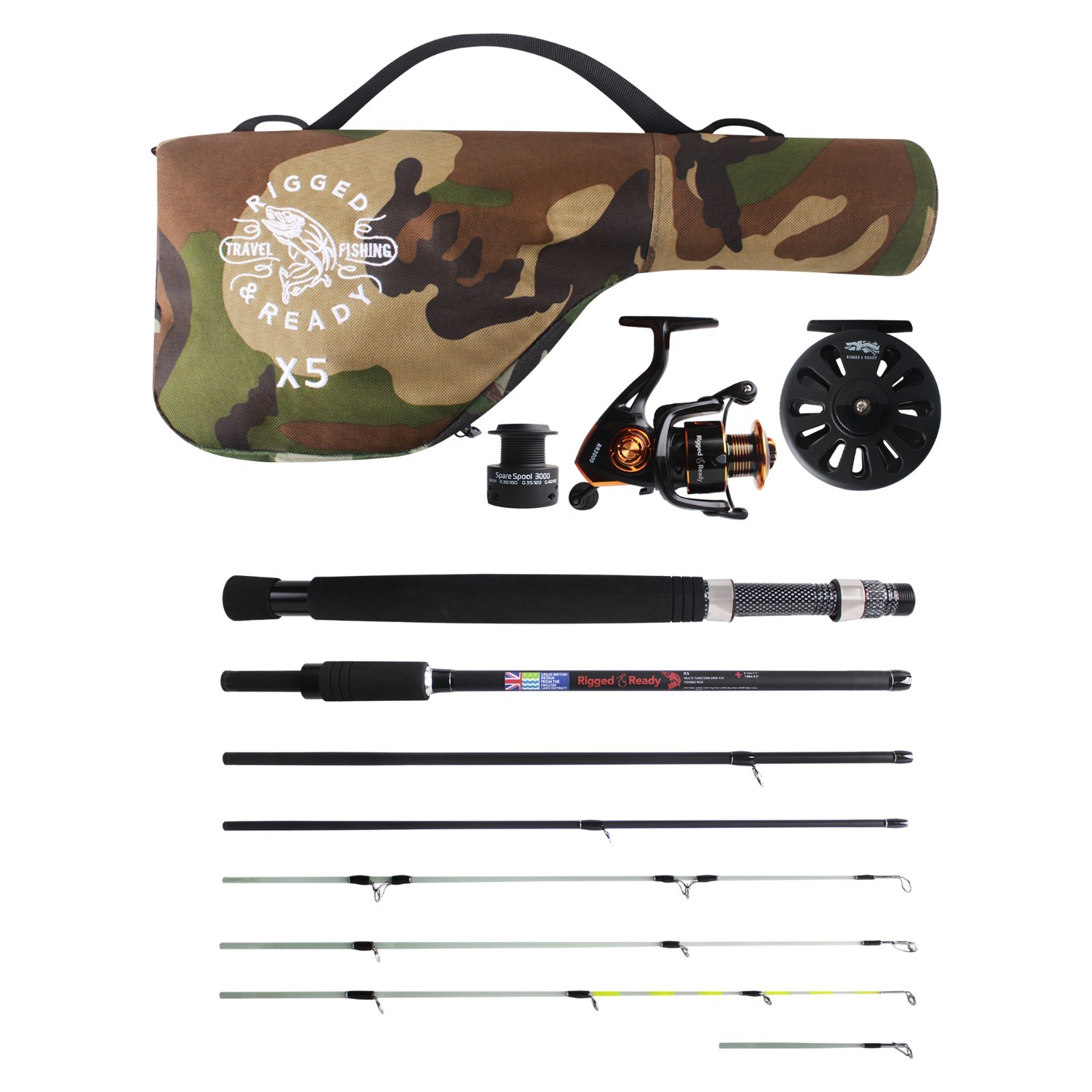 X5 Combination Powerful Compact Travel Fishing Rod 1 spin+1 fly reel+case 7’ 3”