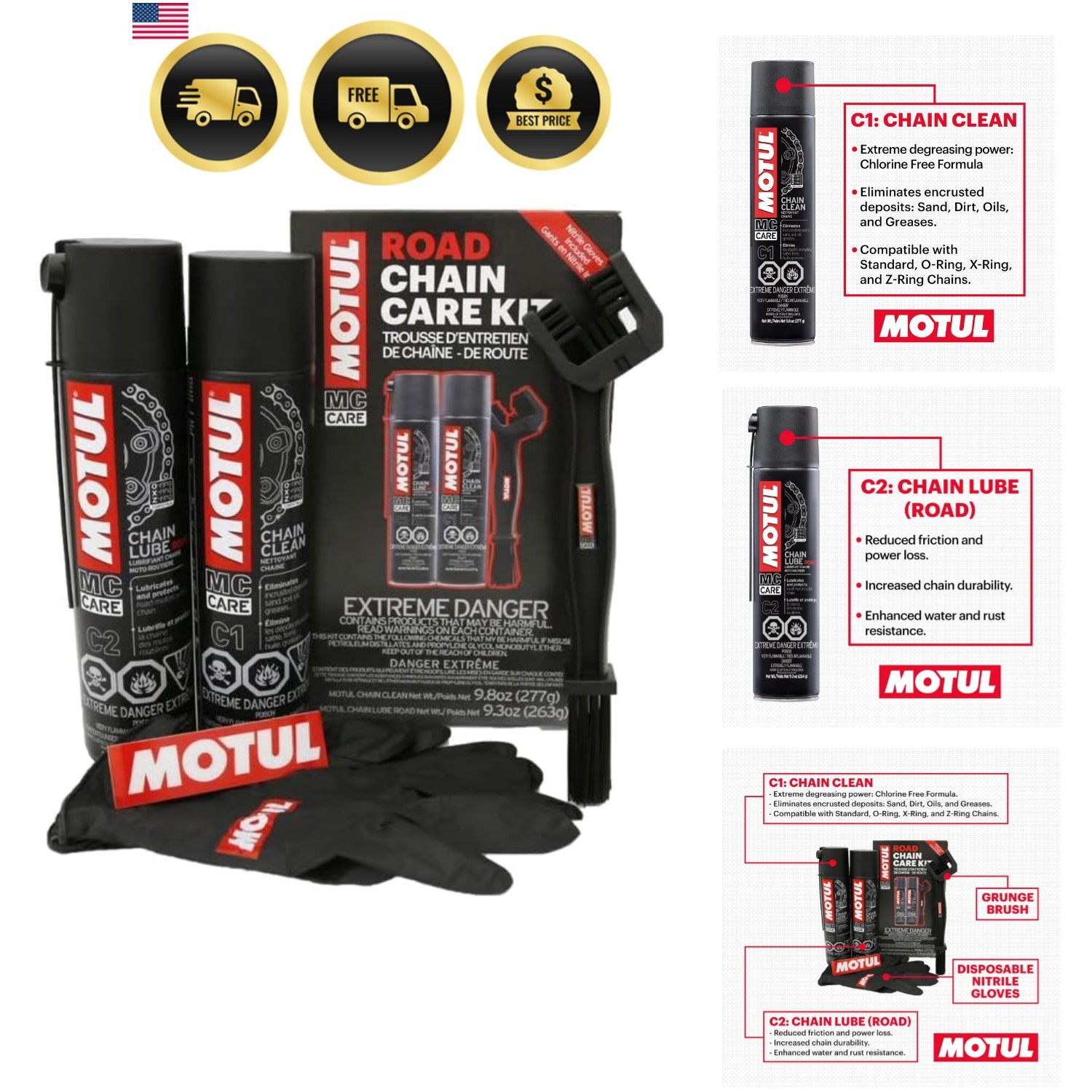 C1 Chain Cleaner and C2 Motorcycle Chain Lube Kit with Brush, Gloves, and Sti...