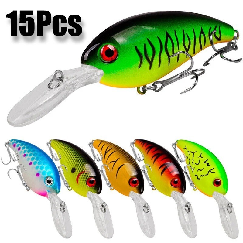 15PCS Kinds of Fishing Lures Crankbaits Hooks Minnow Baits Bass Tackle Crank Set