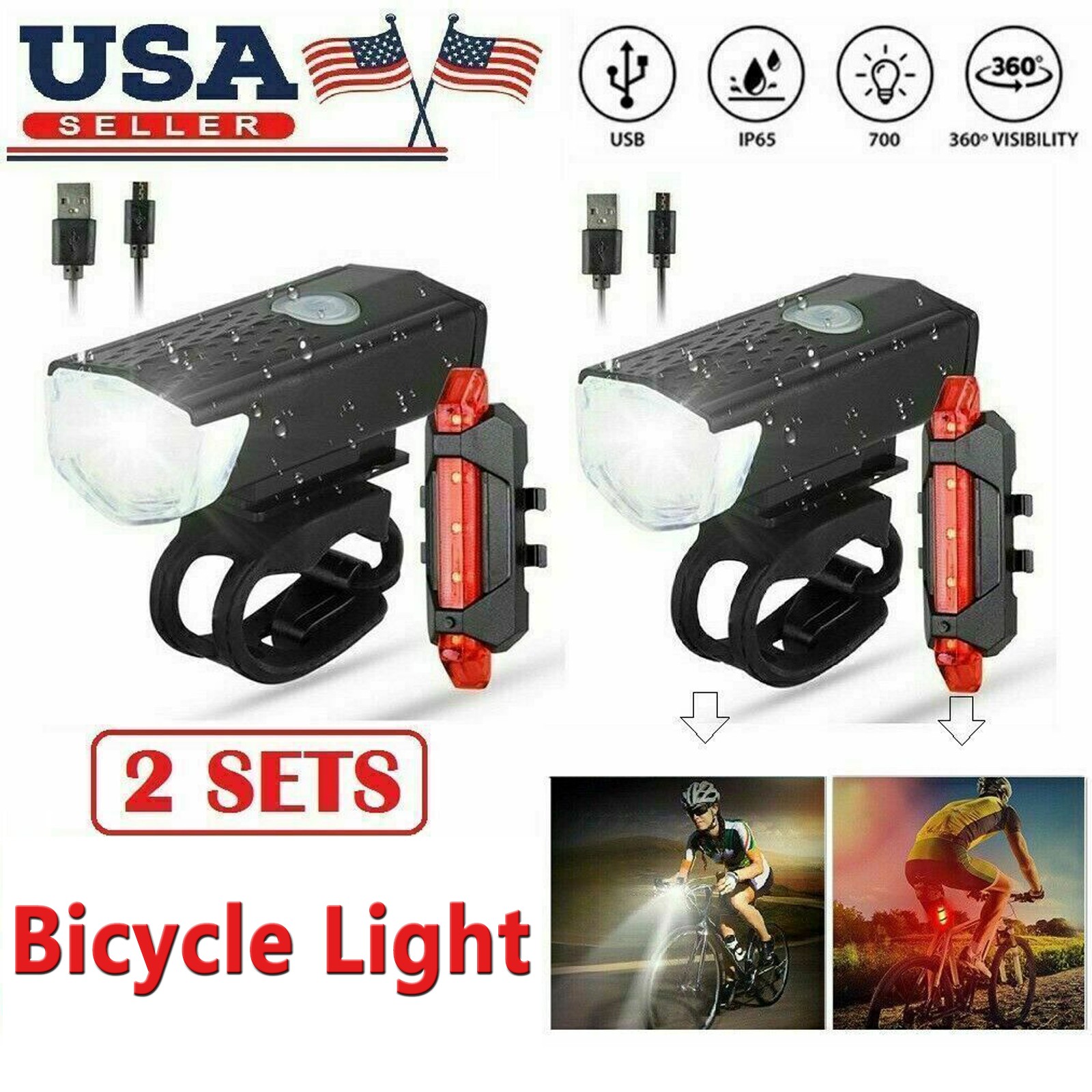 2 Sets USB Rechargeable LED Bicycle Headlight Bike Front Rear Lamp Cycling Sport