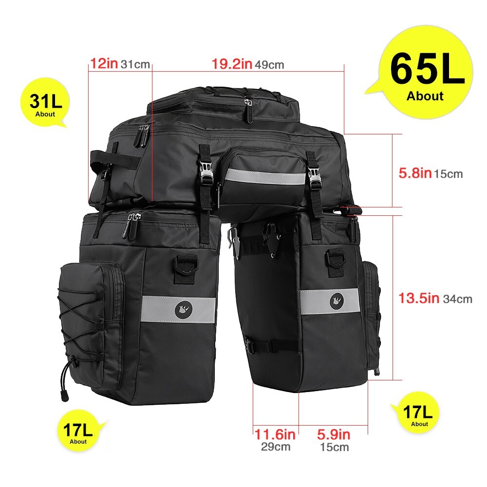 Rhinowalk 65L Bike Pannier Bag Waterproof 3 IN 1 Set Bicycle Rear Rack Saddle