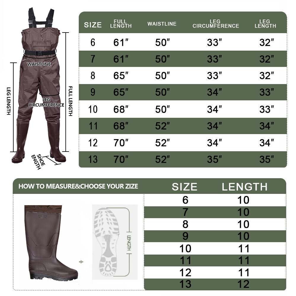 Chest Waders 2-Ply Nylon 6-13Size Waterproof PVC Rubber Fishing Hunting Bootfoot