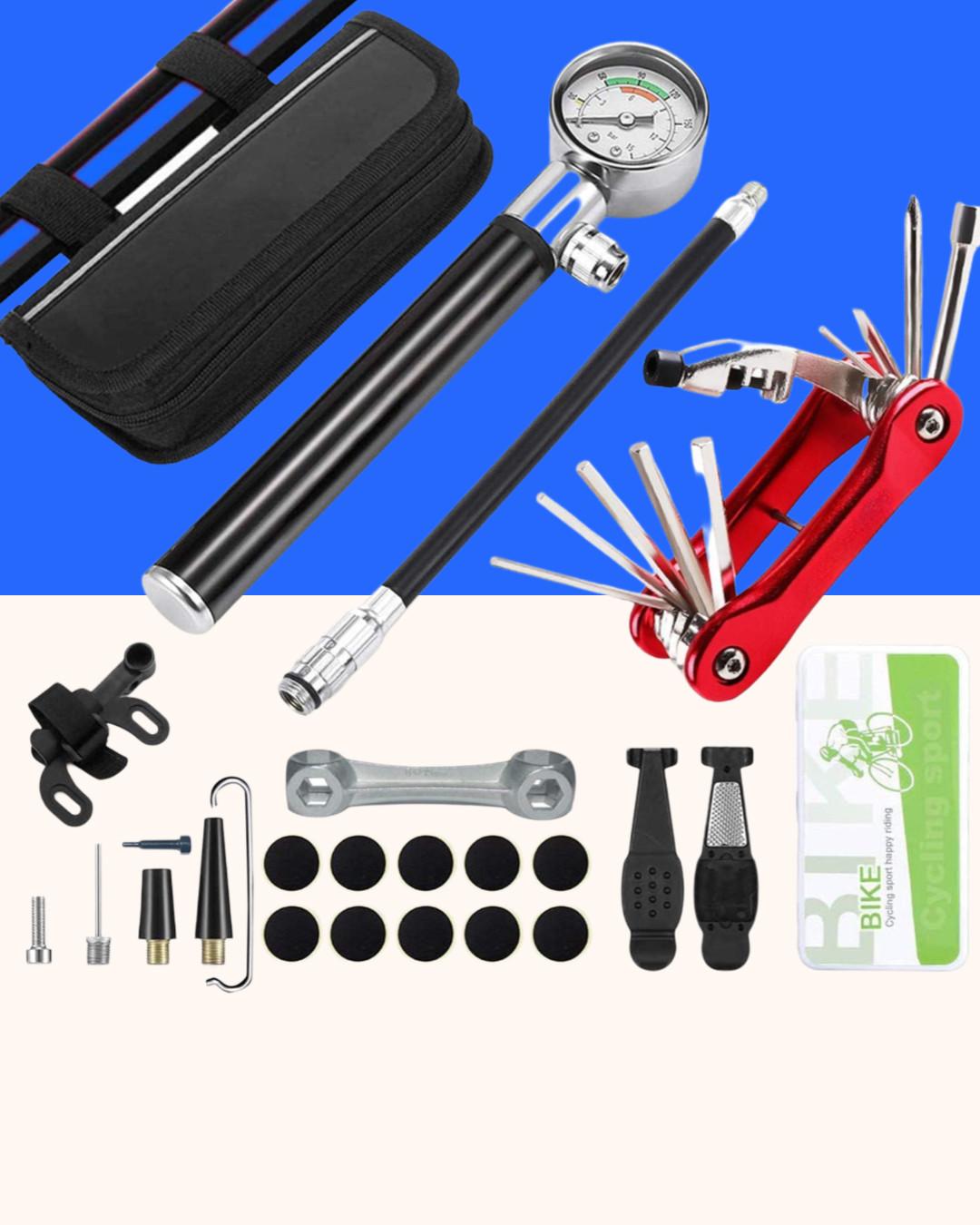 Bike Tyre Repair Tool Kit 210 Psi Mini Pump 10IN1 Multi-Tool with Chain Breaker
