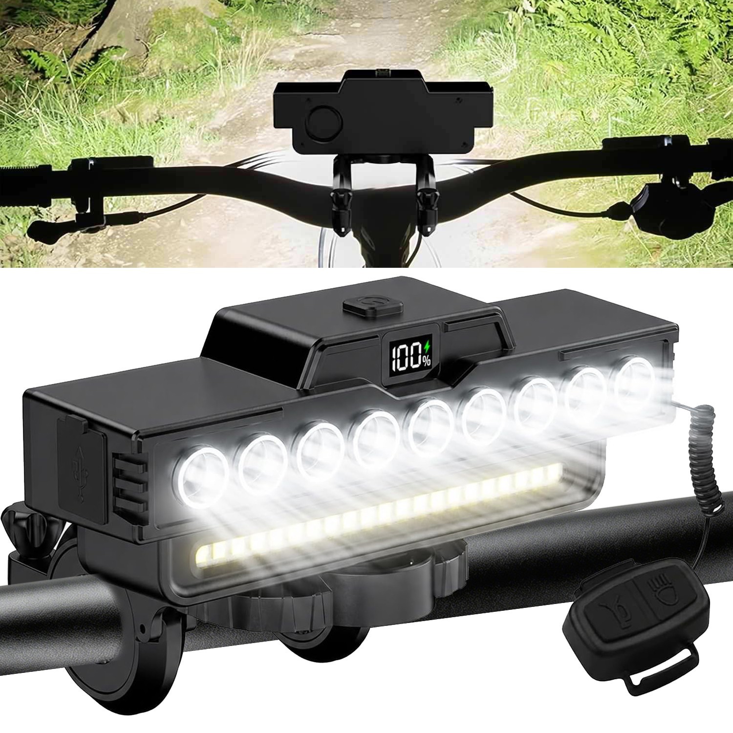 Rechargeable LED Bicycle Headlight USB Fast Charge 130dB Horn IP44 Waterproof