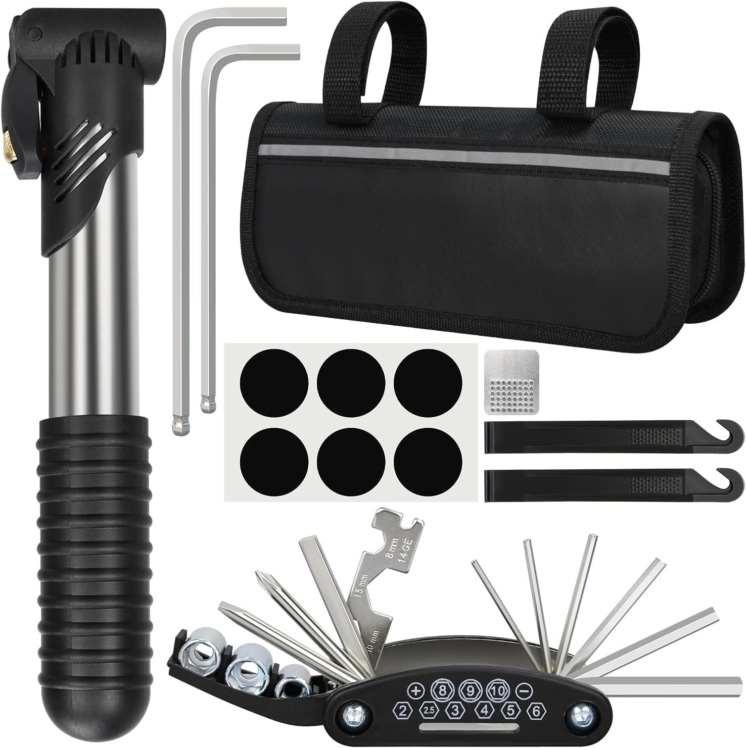 Bike Repair Kit with Tire Pump 16-in-1 Multitool
