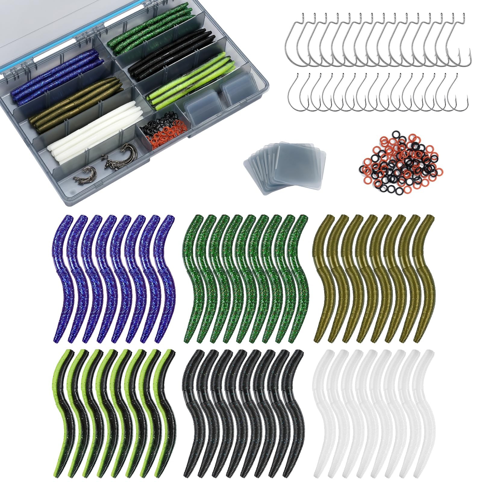 179PCS Wacky Worms Kit Bass Fishing Soft Plastic Baits Lure Freshwater Saltwater