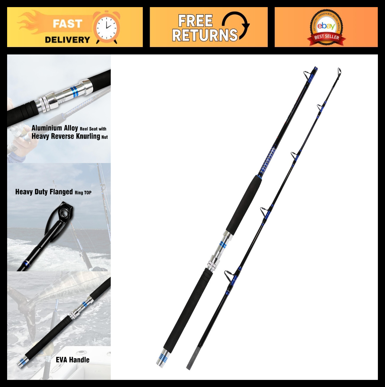 Saltwater Trolling Rod 1-Piece/2-Piece Big Game Conventional Boat Fishing Pole