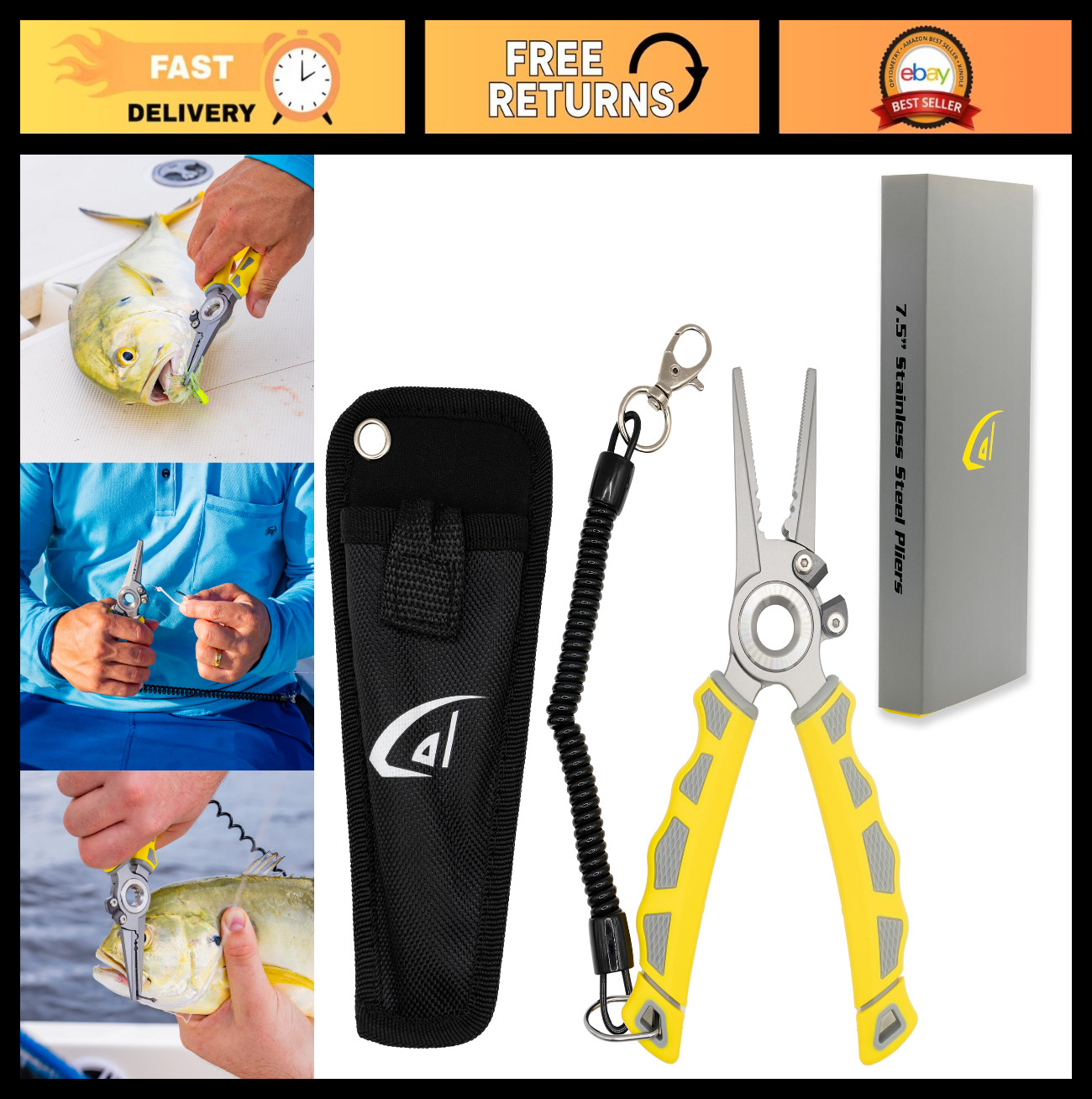 7.5" Stainless Steel Fishing Pliers with Tungsten Carbide Cutters & Grip, Sheath