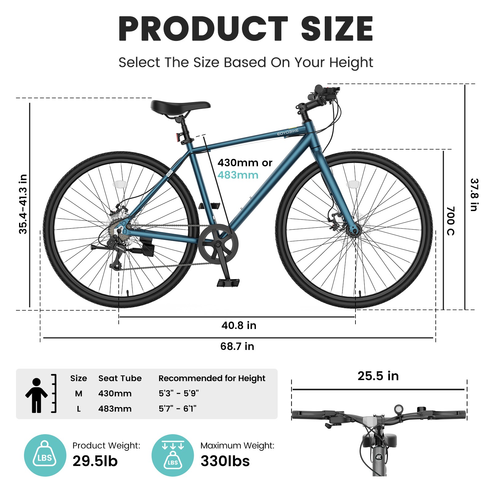 EOYOBIKE 700C(29in)Hybrid Commuter Bike Aluminum 8-Speed Disc Brakes 330lbs Load