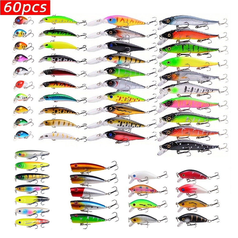 60pcs Minnow Popper Crankbait Plastic Hard Bait Fishing Lures Kit
