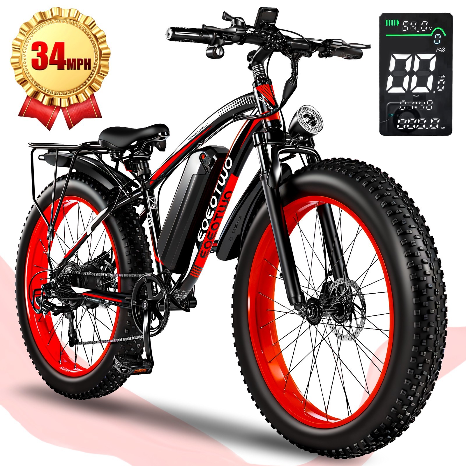 Electric Bike for Adults 1500W 34MPH 60Miles 26"Fat Tire Mountain E-bike, UL2849