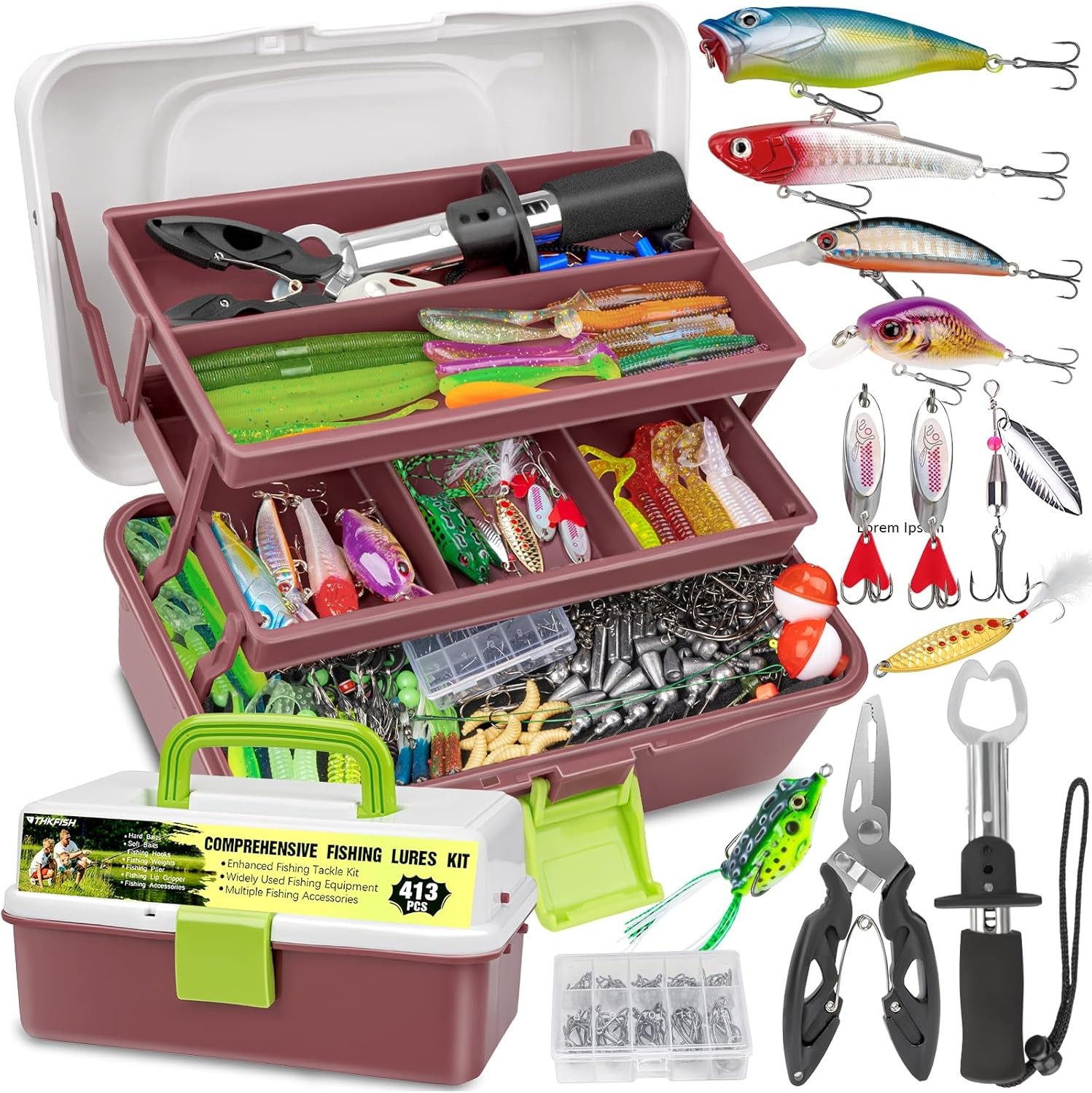 413Pcs Fishing Lures Kit 3 Layers Tackle Box with Tackle Fishing Gear Kit Bass